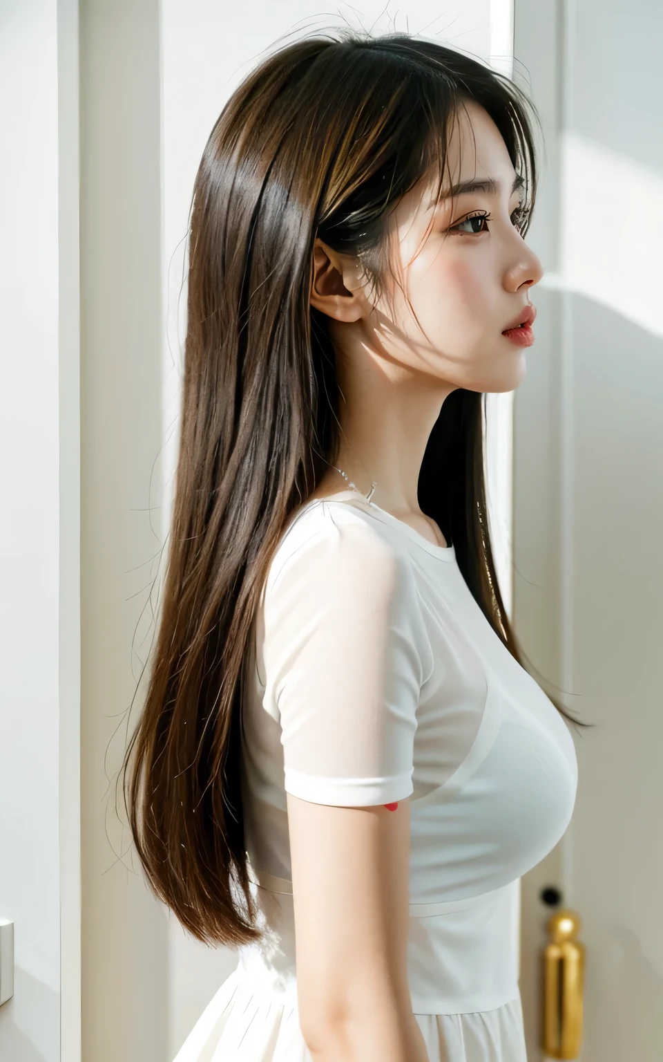 {{{naked:1.6 }}},{{Pastel colored blouses::See-through::Bra}}、((Best Quality、8k、masterpiece:1.3))、Ultra-high resolution、(photoGenuineistic:1.4)、((White wall、In front of a white door、White wall room with window))、RAW Photos、Japanese,(【Facial details)、Genuine、(([profile))、Photographed in natural light、Highly detailed face and skin texture、Highly detailed lips、Correct the condition of the human body、Straight Hair、Light Hair Color、Mr.々A pose、Natural color lip 、Long Hair、((Light brown straight hair))、{{Straight Hair}}、Shot in the back、Don&#39;t look at the camera、Professional Lighting、Angle from behind、Photographed in natural light、Super detailed、{{One Person、High  girl;smile:Double Eyes：mascara::nude,}}、Hair is straight、Enhances hair shine,,Nipples