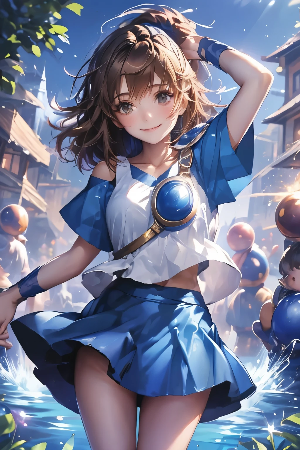 （（（ＳＦＷ、sound、Highest quality、first-clasasterpiece、Normal body、8k、Detailed face、Ultra-precision、Normal hand、Normal finger、５finger、Highest）））、beautiful girl、Brown Hair、Bobcut、slender、low length、thin feet、Arle Naja、Puyo Puyo、Sorcerer、Blue short-sleeved shirt、White tank top、Tank top over shirt、Blue mini skirt、Half shoulder pad、Half Breastplate、Full of energy、Apprentice Mage、A big smile、Spread your arms wide、Blessings、Skirt fluttering in the wind、Panty shot