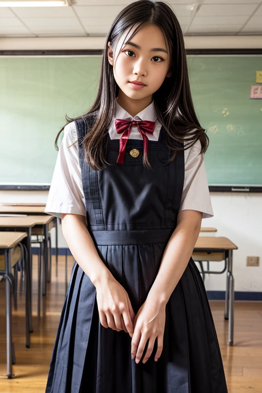 (realistic, photo-realistic, best quality, masterpiece), high resolution, intricate details, extremely detailed, solo, 1girl, a Japanese junior girl, (BPD, black pinafore dress, long skirt, junior high school uniform:1.2), photo background, indoors, classroom,