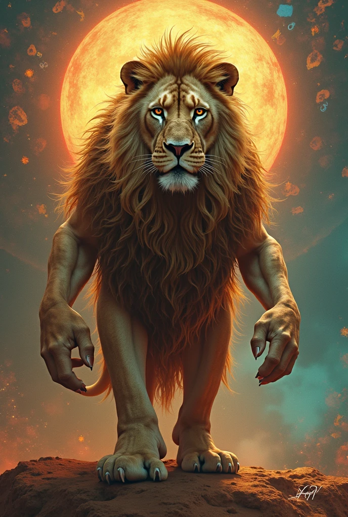 Brave lion digital art with strong lines, biceps making a peace sign