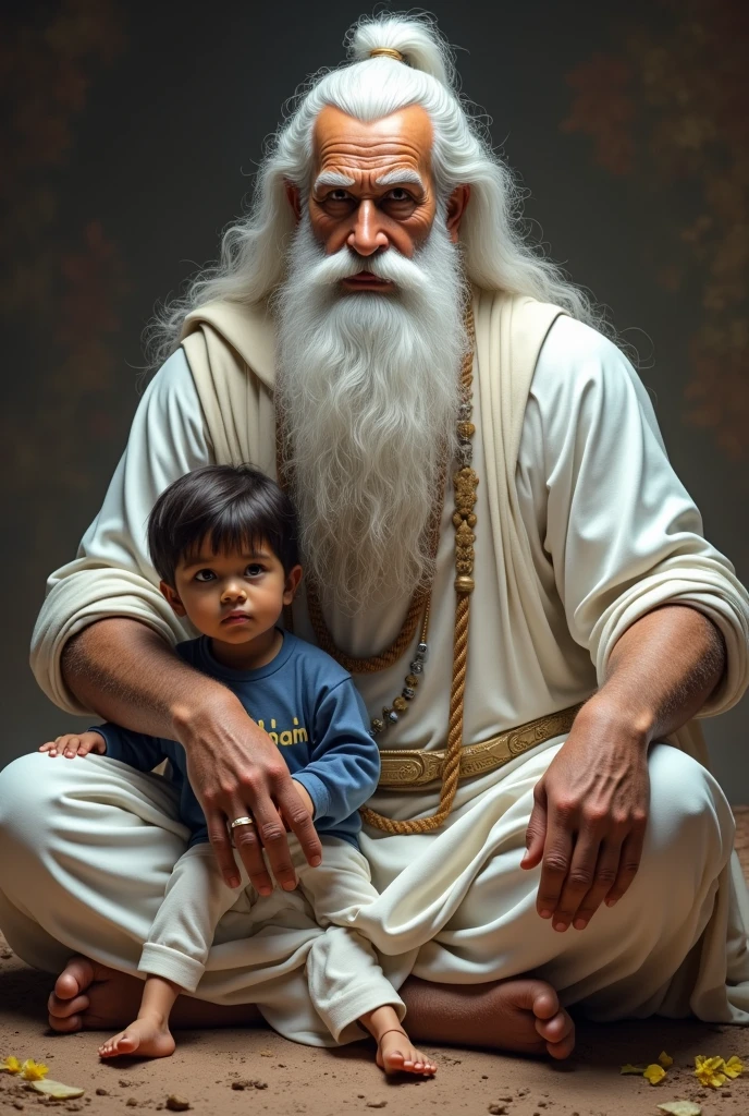 A wise Guru with a long white beard and turban sits in a halo of light, with a young child sitting in front of him, the Guru is holding his hand out, the child is looking up at him with respect. The background is a warm, golden glow, with soft, flowing lines of light. The image is full of warmth and serenity, and