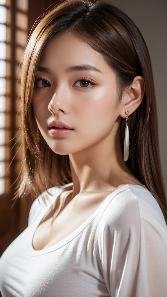Full shot portrait, side profile, messy updo long brown hair, RAW, A Vietnamese woman, 34 years old,looking towards side away from the camera, [ great detail: ( eyes :Mai Duong Kieu),( Eyelids : Michelle Phan),(between eyebrows: Michelle Phan),(Eyebrows : Michelle Phan),(forehead: Mai Duong Kieu),(nose:Michelle Phan),(boca: Ly Nha Ky),(jawline: Ly Nha Ky), (ears: Ly Nha Ky) (detail ear soft skin), (no flying hair at earlobe), ( jaw angle: Michelle Phan) (nose: Michelle Phan), wearing a cottage puffly sleeves white blouse button up, beautiful figure, (medium size breasts: Vesper lynd),(legs : Michelle Phan), half body shot, cowboy pose, ((no jewelry)), ((nude ear)), ((no hair accessory)), soft white translucent skin, light wrinkles, 1 light small beauty mark freckle at top of lip, life-like, masterpiece, one of a kind, million dollar shot, refined elegance, solid white studio background