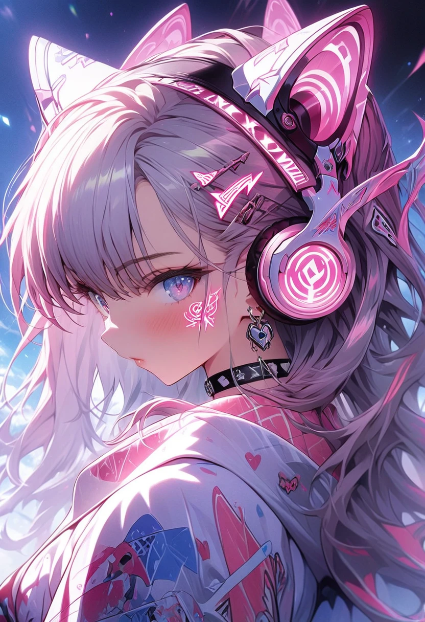 masterpiece, Best Quality, Highly Detailed CG Unity 8K Wallpaper, hatunemiku、Gal，Earrings，pink, Neon Tattoos、Glowing headphones