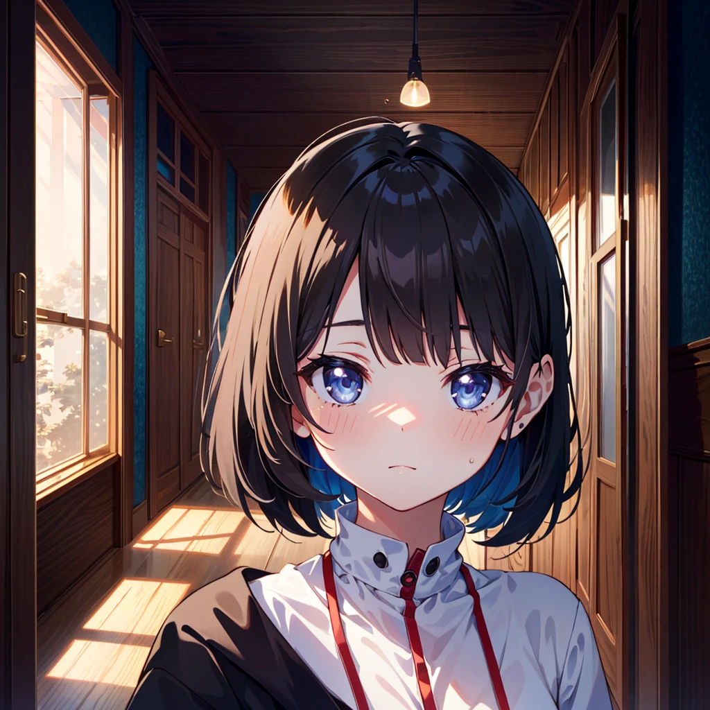 1girl, solo, insane, crazy, closer view, looking at viewer, blood, knife,pupils, ((blue and black colors)), ((blue and black palette)), (((noir))), (((noir style)), sitting, crazy laughing, glowing blue eyes, insane face, corner of wall background, holding knife, blood on knife, wearing school uniform, reaching out, yandere, light smile, crazy eyes, looking at viewer, kyoto night alley, atmospheric lighting, night sky, blood, blood on face, blood on clothes, torn clothes, from below