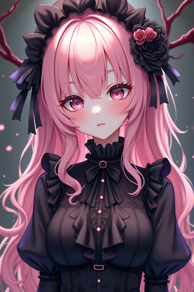 pink curly hair, with greenish yellow eyes, pale skin, big eyelashes, glare eyes, lip gloss, and more gothic cute clothes