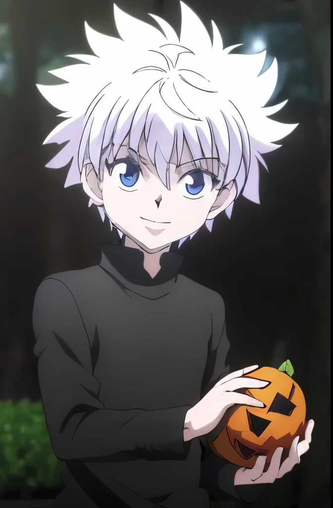 High quality, shining red eyes, Halloween, one boy, smiling, Kirua from HUNTER HUNTER, Kirua from the anime Hunter Hunter, holding a stuffed Halloween festival turtle, gentle smile, closed mouth smile, one boy, five fingers, hand on knee, closed mouth smile, blue eyes , shining eyes.