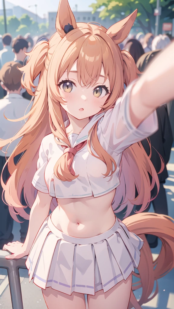 Highest quality,masterpiece, Highest Resolution, 1 girl, outdoor, school uniform, nsfw, ((topless)),skirt, belly button,midium breasts,nipple, blush,(crowd),((selfie)),standing, horse ears, horse tail, from front, looking at viewer