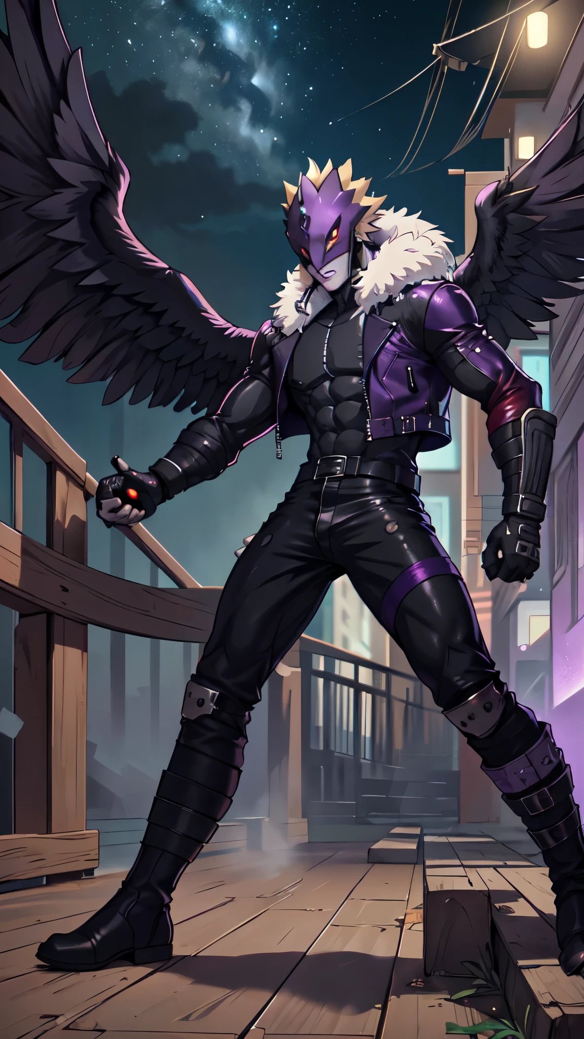 Beelzemon, male_character, grey_skin, black_wings(symmetrical style), black_wings, fitness, best quality, masterpiece, biker clothing(black style), handsome, black pants, leather belts, face detailed, sexy lips, trestle half mask(purple color), Digimon, leather jacket, tail, fur trim, red eyes, leather boots, (dynamic pose:1.2), night scene, extremely detailed CG unity 4k wallpaper.