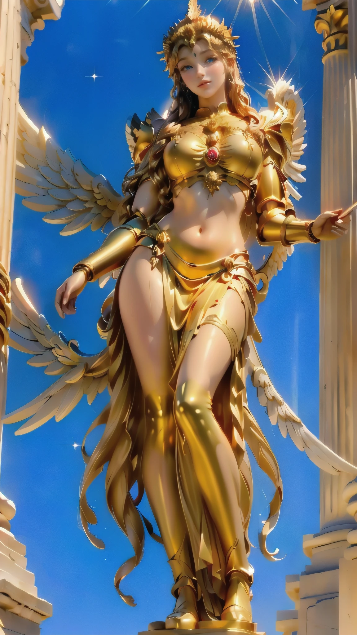 statue of a woman with long blonde hair and angel wings, venus goddess athena, golden goddess athena, anime goddess, blonde goddess, greek goddess, venus goddess, the sailor galaxia. beautiful, beautiful goddess, golden goddess, tall thin beautiful goddess, goddess. extremely high details, goddess of greek mythology, greek goddess athena, goddess of light, PERSEPHONE