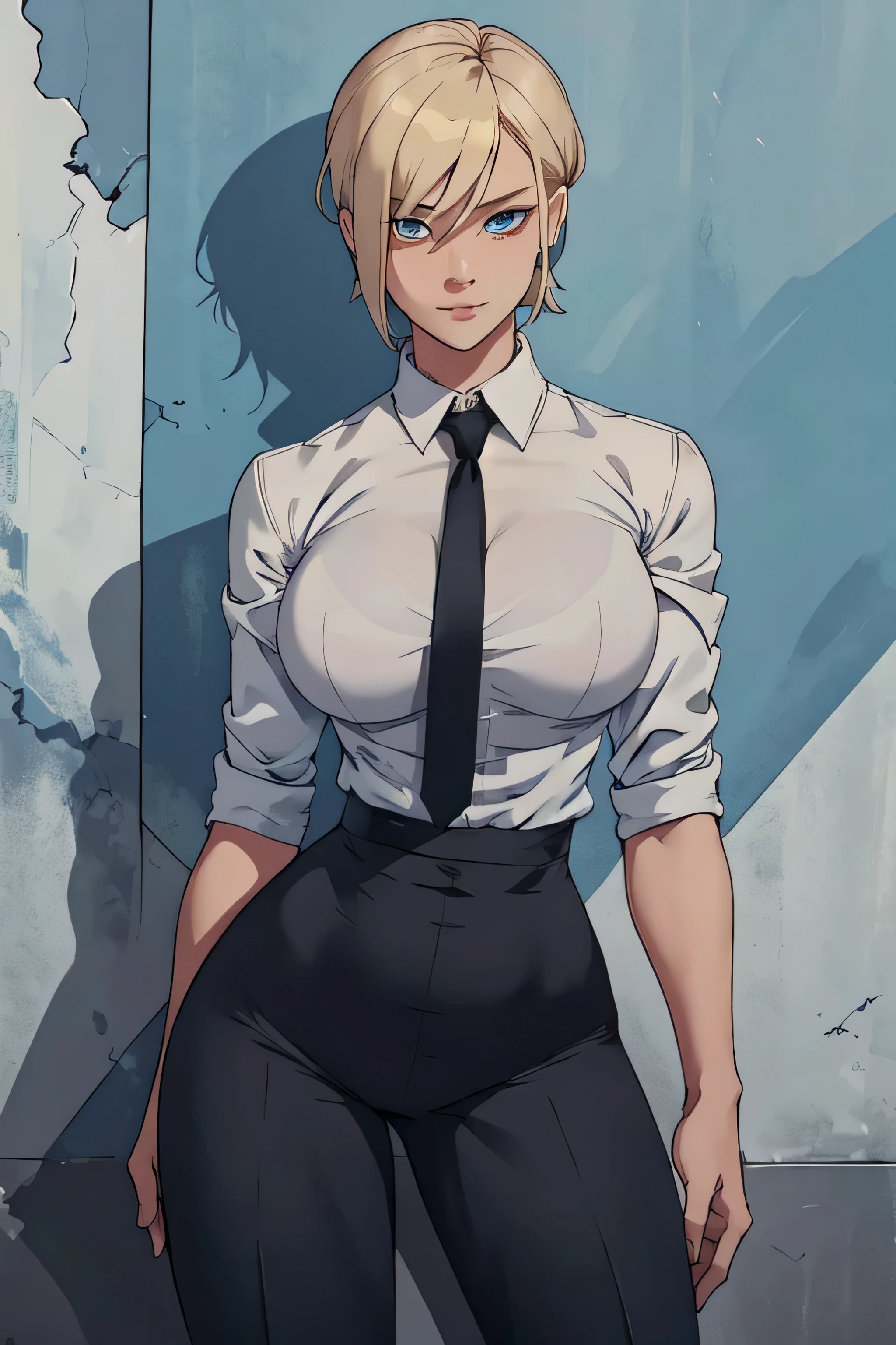 Girl with short blonde hair, blue eyes, wearing A white dress shirt, breasts, with a black tie, defined body, wearing black dress pants, defined waist, hips, collared shirt