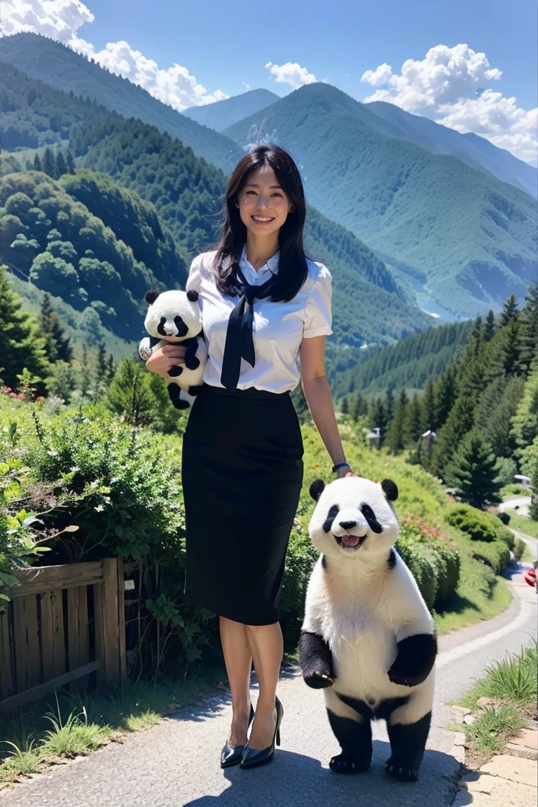 Best Quality, Scattering of debris, Realistic, High resolution, 8k　RAW Photos,Alone, One Girl, Age 30、Standing on a mountain、smile、Holding a panda in both hands、Business blouse、Business Skirt、High heels