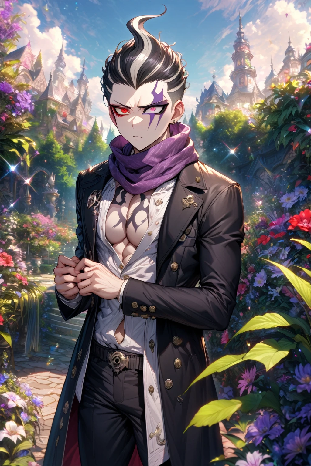 absurdres, highres, ultra detailed, HDR, master piece, Gojou Satoru, white hair with bangs, white eyelashes, expressive blue eyes, black cape, black prince clothes, Jujutsu Kaisen, accessories, sexy man, handsome, best quality, fantasy, magical, solo, sensual, moon, purple sky, manly man, glittering, black gloves, castle, purple petals, demon, black horns, purple roses, adult face, mature man, black pants, toned chest