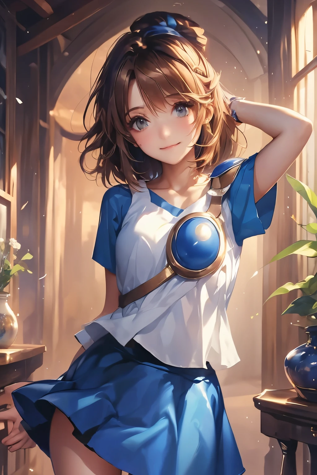 （（（ＳＦＷ、sound、Highest quality、first-clasasterpiece、Normal body、8k、Detailed face、Ultra-precision、Normal hand、Normal finger、５finger、Highest）））、beautiful girl、Brown Hair、Bobcut、slender、low length、thin feet、Arle Naja、Puyo Puyo、Sorcerer、Blue short-sleeved shirt、White tank top、Tank top over shirt、Blue mini skirt、Half shoulder pad、Half Breastplate、Apprentice Mage、Skirt fluttering in the wind、Panty shot、Skirts roll up、I can see your pants、Leaning forward、Lose balance、Surprised、panic