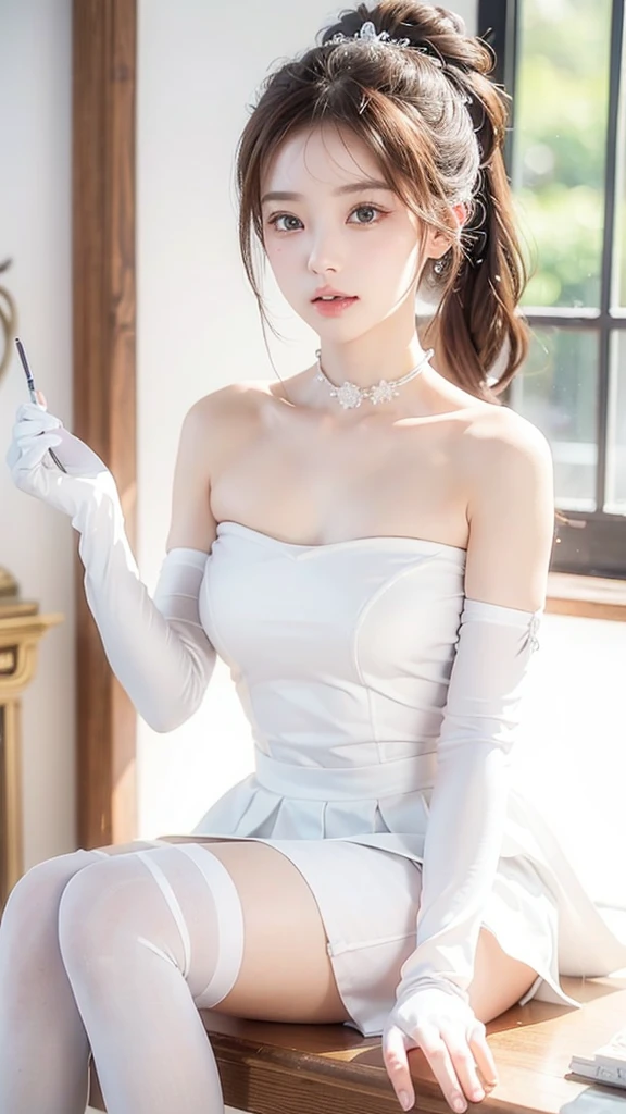 ((((Detailed explanation)))),(((masterpiece、The best、Very detailed:1.42、)))、portrait、High resolutiotomically correct、precise、 1 girl、 blushing,      shy，best quality、Big breasts、 short ponytail、（White simple collar、White long gloves、White zippered tube top、Creamy white knee-high stockings、White pleated skirt））indoors