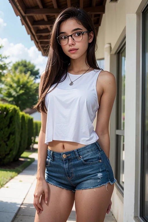 (((Full body 1.4))),White tank top,No bra,Wet shirt,Breast shape clearly visible,Mini denim skirt,Skirt with rips all over,Top quality,8g,45 year old woman,Glasses,Long hair,Thai person,Raw photo,Nonsense,Award winning portrait,Smile,Alone,(Night:1.😎,Idol face,Violation,Delicate young woman,Digital single-lens reflex camera,Looking at the viewer,Frank,Sophisticated,Slender arms,Professional lighting,Film grain,Chromatic aberration,(Eye and face detail:1.0),(Bokeh:1.1),Hanfu,Shut up
