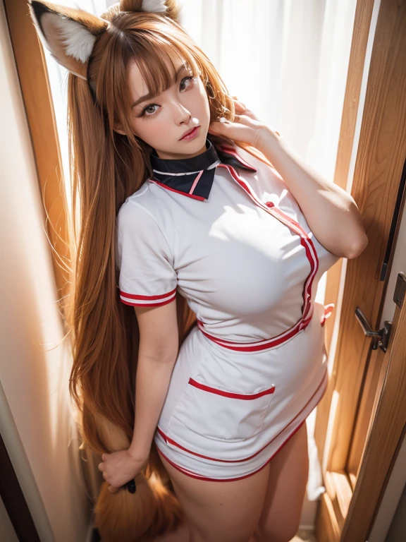 masterpiece, best quality, (realistic,photo-realistic:1.4), (RAW photo:1.2), extremely detailed CG unity 8k wallpaper, delicate and beautiful, amazing,finely detail, official art, absurdres, incredibly absurdres, huge filesize, ultra-detailed,extremely detailed eyes and face,light on face,little smile,(caramel hair:1.4),asuna yuuki,fitting room,night,(wearing gym uniform:1.4)