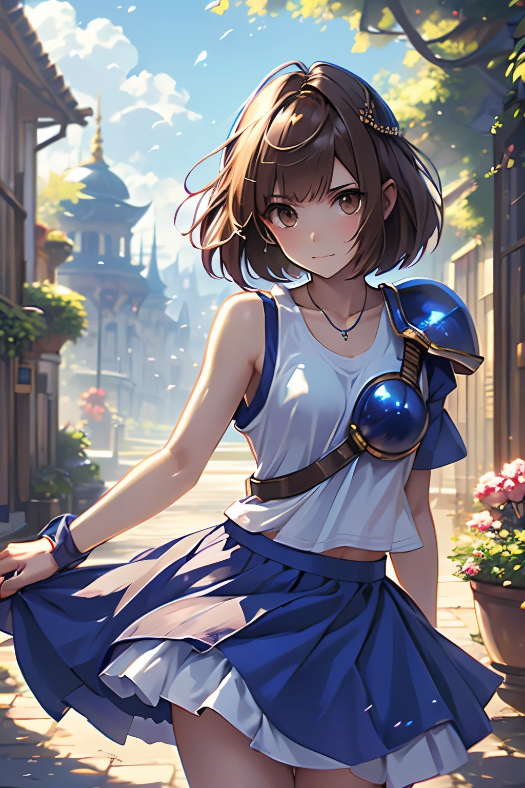 （（（ＳＦＷ、sound、Highest quality、first-clasasterpiece、Normal body、8k、Detailed face、Ultra-precision、Normal hand、Normal finger、５finger、Highest）））、beautiful girl、Brown Hair、Bobcut、slender、low length、thin feet、Arle Naja、Puyo Puyo、Sorcerer、Blue short-sleeved shirt、White tank top、Tank top over shirt、Blue mini skirt、Half shoulder pad、Half Breastplate、Full of energy、Apprentice Mage、Skirt fluttering in the wind、Panty shot、Skirts roll up、I can see your pants、stumble、I stumble and almost fall、Leaning forward、Lose balance、Surprised、panic