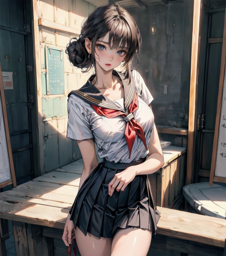 (masterpiece, best quality, perfect anatomy, nice hands:1.2, 1girl:1.2, solo:1.3, illustration:1.2), official art, unity 8k wallpaper, ultra detailed, beautiful and aesthetic, realistic, medium hair, bob cut, braid, mole under eye, (school uniform:1.2), (kneehighs:1.1), classroom, from below, leaning back, flying button, huge breasts, sidelighting, blue sky