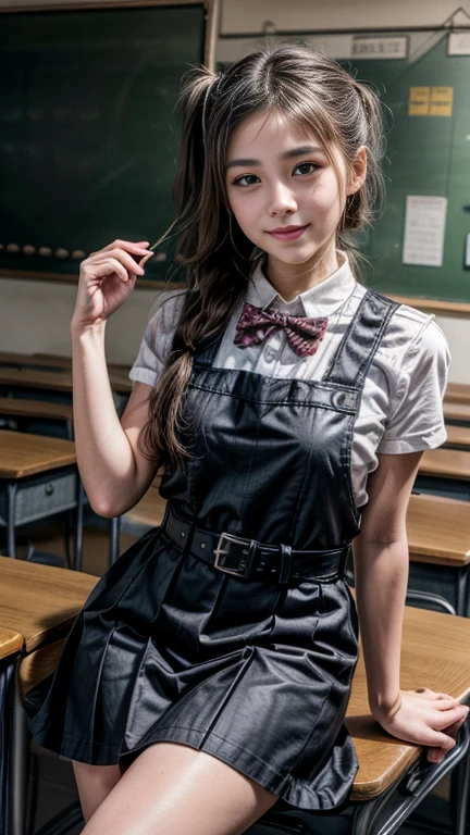 (realistic, photo-realistic, best quality, masterpiece), high resolution, intricate details, extremely detailed, solo, 1girl, a Japanese junior girl, (BPD, black cotton pinafore dress, long skirt, bowtie, belt, junior high school uniform:1.2), pale skin, fine-textured skin, detailed face, detailed eyes, sophisticated nose, pigtails hair, big smile, photo background, indoors, classroom,