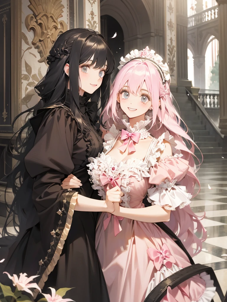 1 Girl, Pink Hair, Double tail, Long hair, Yellow eyes, Super detailed eyes, Smile, big Smile with teeth, Happy expression, Black skirt, focus on face, Room, window, Super detailed, 8k wallpaper, reflected light, Ray Tracing, Practical,(Huge breasts:1.8)