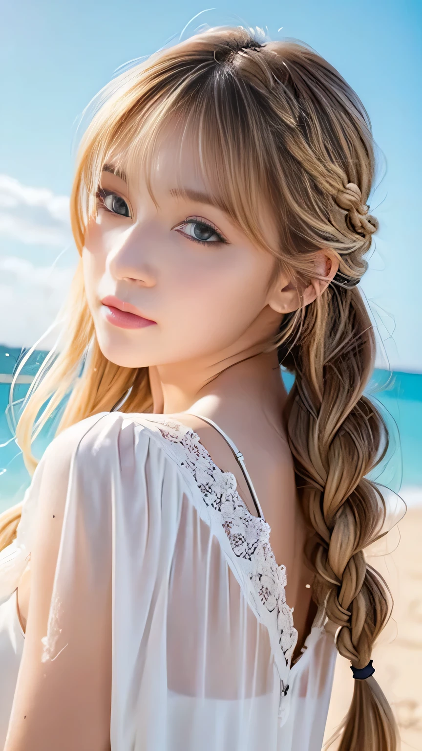 Sexy big 、Sexy cute looks and cute 15 year old beautiful girl, Beautiful and sexy face、A strong wind blows my hair in front of my face、Beautiful long blonde French braided hair、Beautiful, cute and sexy eyes hidden by long bangs