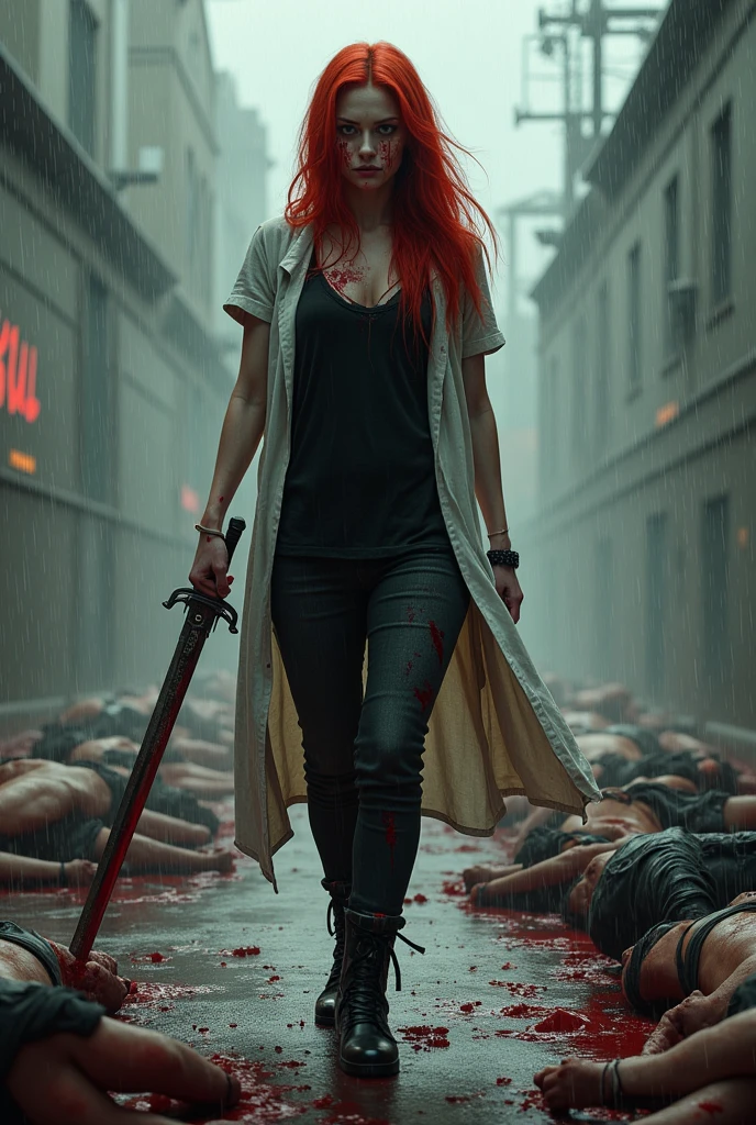 A beautiful woman with prenzil red hair six feet long reaching the floor Adriana Lima wearing a fuchsia leather jumpsuit combined with black gloves and black leather boots kneeling screaming exhausted after a battle blood around her skulls and lots of blood prenzil red hair six feet long reaching the floor reflection of her in her blood Marvel universe logo