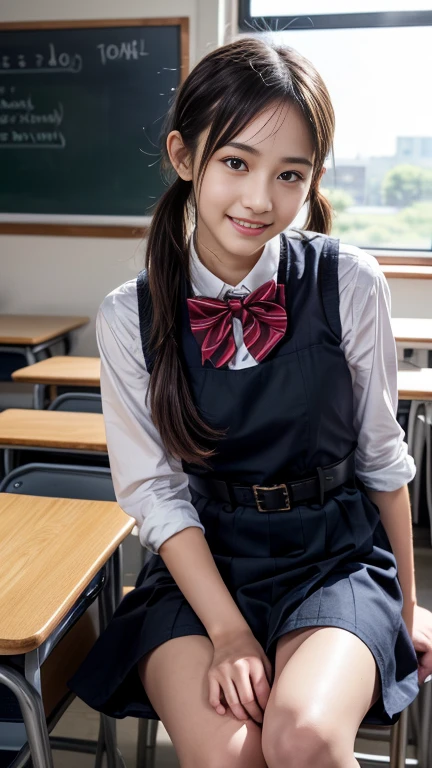 (realistic, photo-realistic, best quality, masterpiece), high resolution, intricate details, extremely detailed, solo, 1girl, a Japanese junior girl, (BPD, black cotton pinafore dress, long skirt, bowtie, belt, junior high school uniform:1.2), pale skin, fine-textured skin, detailed face, detailed eyes, sophisticated nose, pigtails hair, big smile, photo background, indoors, classroom,