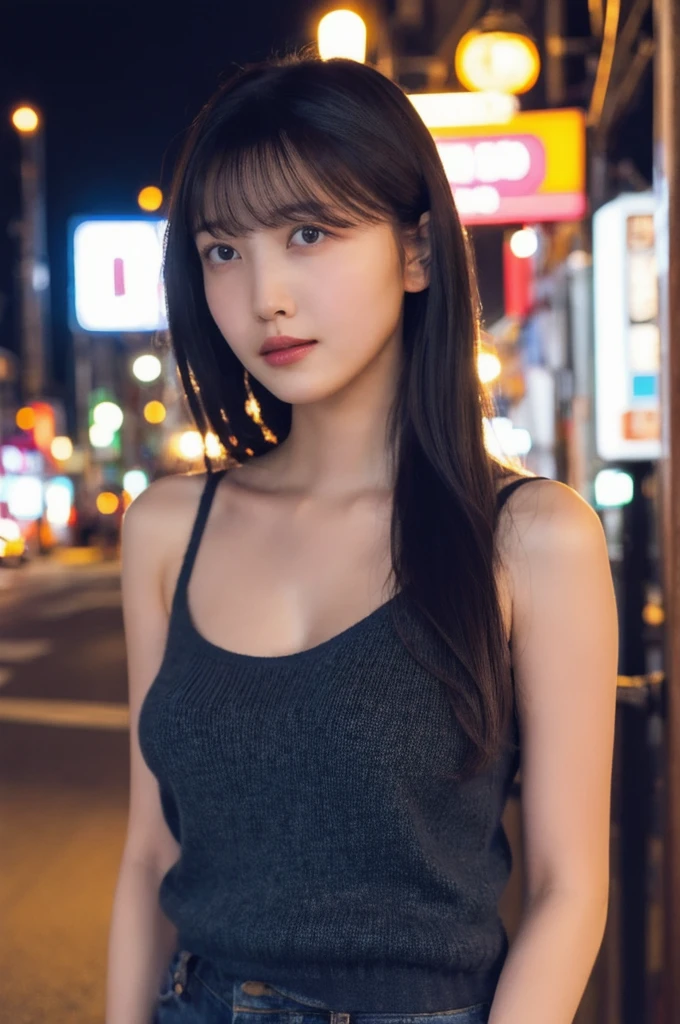 Single girl, summer, city, Osaka street, evening, city lights, medium body shot, close-up, 8k, RAW photo, highest quality, masterpiece, real, photorealistic, large breast:1.2, open shoulder, long hair, knit strap tanktop,Looking at viewer, High Resolution,Award Winning, Realism, 