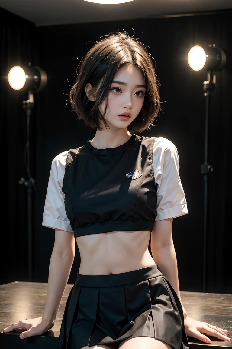 20 year old Korean woman dancing in a closed, dark dance studio,Sweating,Sweat flying,Flowing sweat,Bobcut,aespakarina,A painful expression with furrowed brows,hiphop dancer,Gangster-style long pants,wearing edg90hh_clothing,8k,High definition
