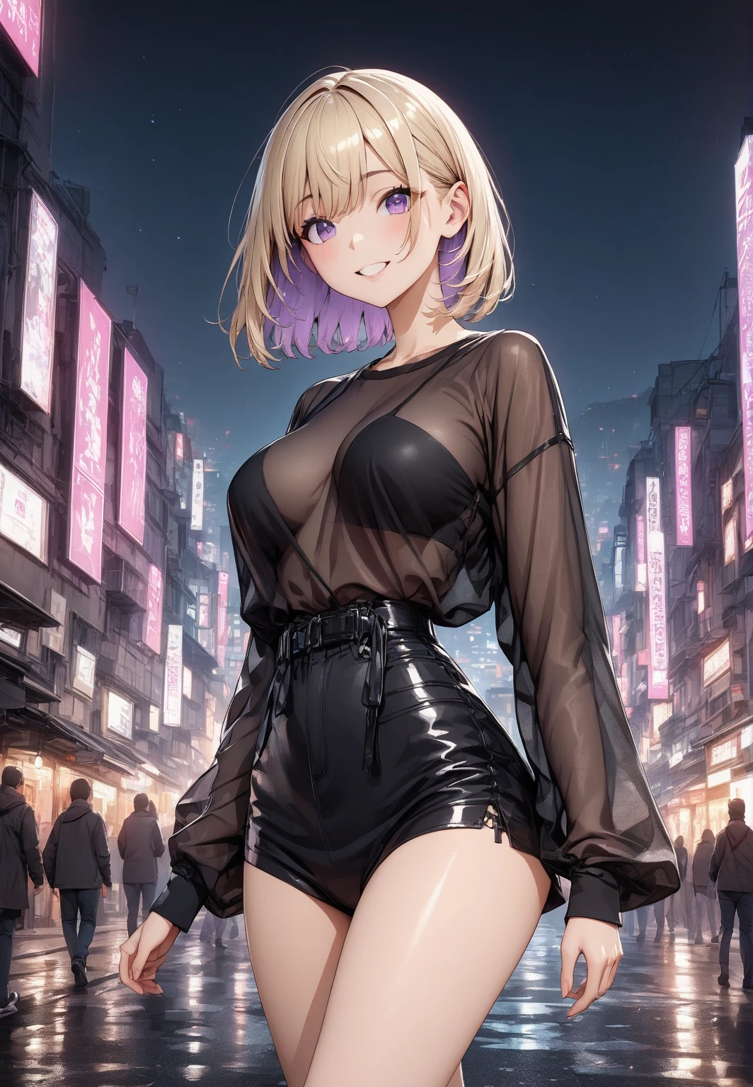 lumine_\(genshin_impact\), hiten kei style, detailed background, masterpiece, latex black short skirt, hyper realistic, realistic skin, best quality, 1girl, city, street, midnight, neon lights, medium breasts, huge nipples, erect nipples, looking at another, topless, full body, vector illustration, nipples, light smile, blunt bangs, short hair, stomach, navel, bare shoulders, blonde hair, sweaty, raining, wet body, fishnet leggings, boots