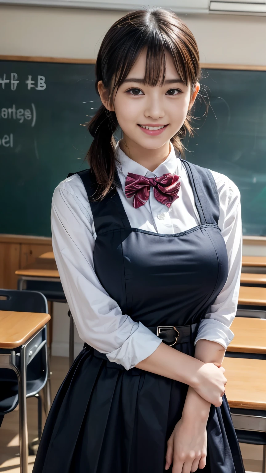 (realistic, photo-realistic, best quality, masterpiece), high resolution, intricate details, extremely detailed, solo, 1girl, a Japanese junior girl, (huge breasts), (BPD, black cotton pinafore dress, long skirt, bowtie, belt, junior high school uniform:1.2), pale skin, fine-textured skin, detailed face, detailed eyes, sophisticated nose, pigtails hair, big smile, photo background, indoors, classroom,