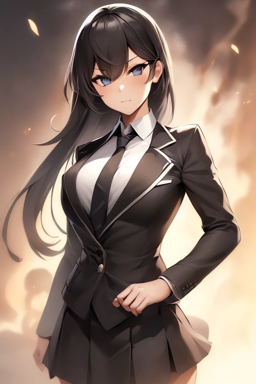 1girl, sexy, female_focus, necktie, solo, formal, skirt_ suit, looking_at_viewer, jacket, shirt, collared_shirt, monochrome, upper_body, closed_mouth, spot_color, long_hair