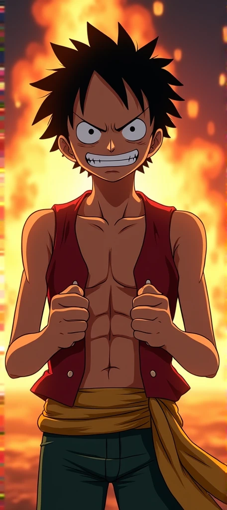 A highly detailed illustration of monkey d luffy, wearing a straw hat, scar under left eye, smiling, teeth, open mouth, cowboy shot, looking at viewer,black pants, red open shirt, luxury banquet  hall, scar on chest
