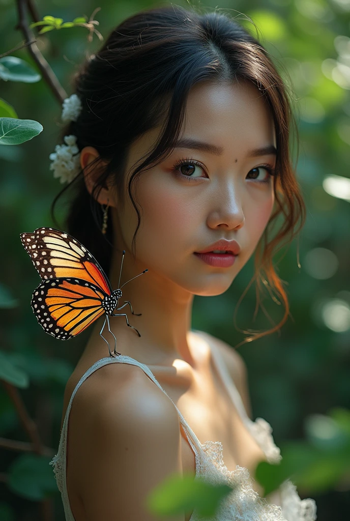 award winning portrait of topless beautiful 18 year old girl looking at a backlit butterfly, nipples exposed, bokeh, backlit, octane, unreal, epic composition