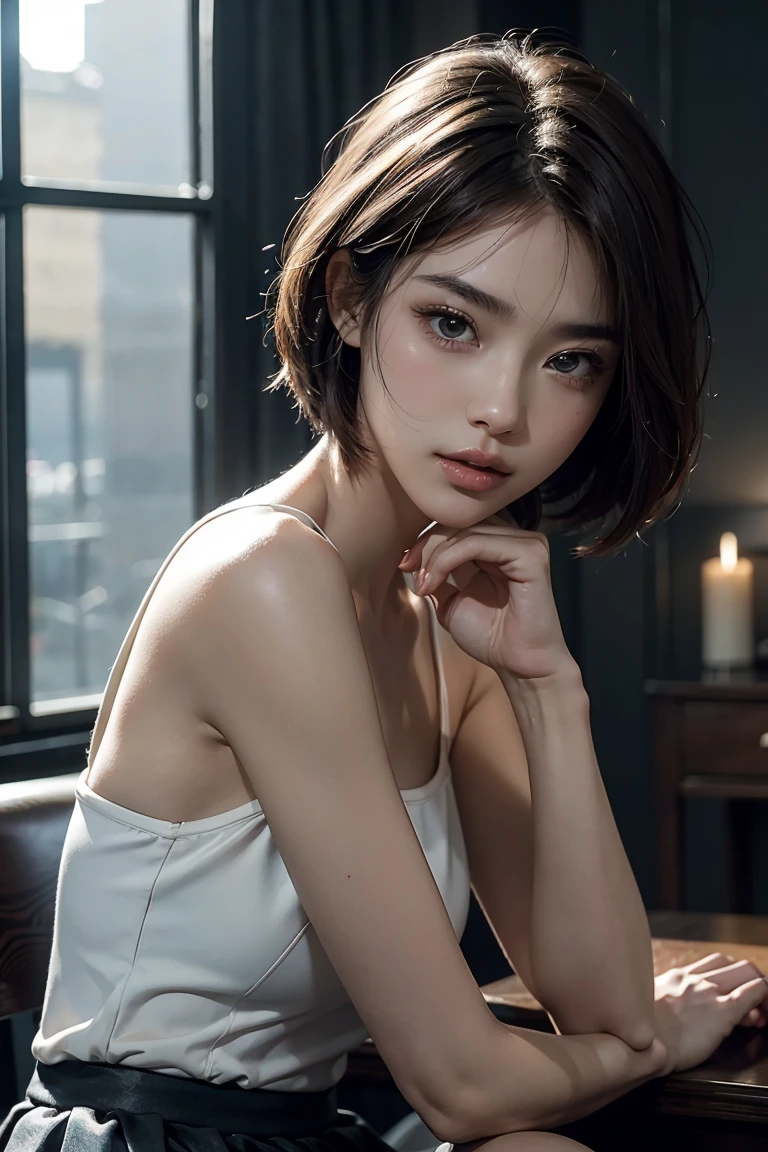 Top image quality、masterpiece、超A high resolution、(photoRealstic:1.4)、Raw photo、Soio、30 years old mature woman、Small face、Suppin、off shoulders、dark、deepshadow、lowkey、Cold Dry、off shoulders、turbid、deep-shadows、cold light、Sexy appearance、short-cut、Dark brown、Bust B Cup