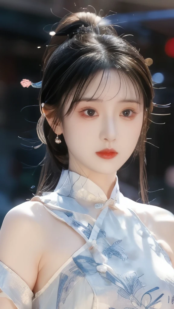 (Best quality,masterpiece:1.2),Ultra-high resolution,Realistically,Headlights,Intricate details,Exquisite details and textures,(1 Girl),solo,Upper Body,Petal pattern,漂亮的Big eyes,Red skirt,Beautiful face,For the audience,ribbon,gossamer,(young),Facial highlights,Detail production,Tear mole,White skin,Silver Hair,High Ponytail,Looking at the audience,Big eyes,(Hollow pattern),earrings,Slim figure,White background,The right hand,Professional lighting,Photon Mapping,Radio City,Physically Based Rendering
