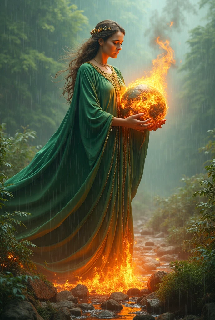 ultra realistic image of mother earth gaia dressed in green with gold threads holding planet earth on fire in brazil, convey depth, in the background blue sky with abundant rain putting out the fire and on the ground green forests with fires