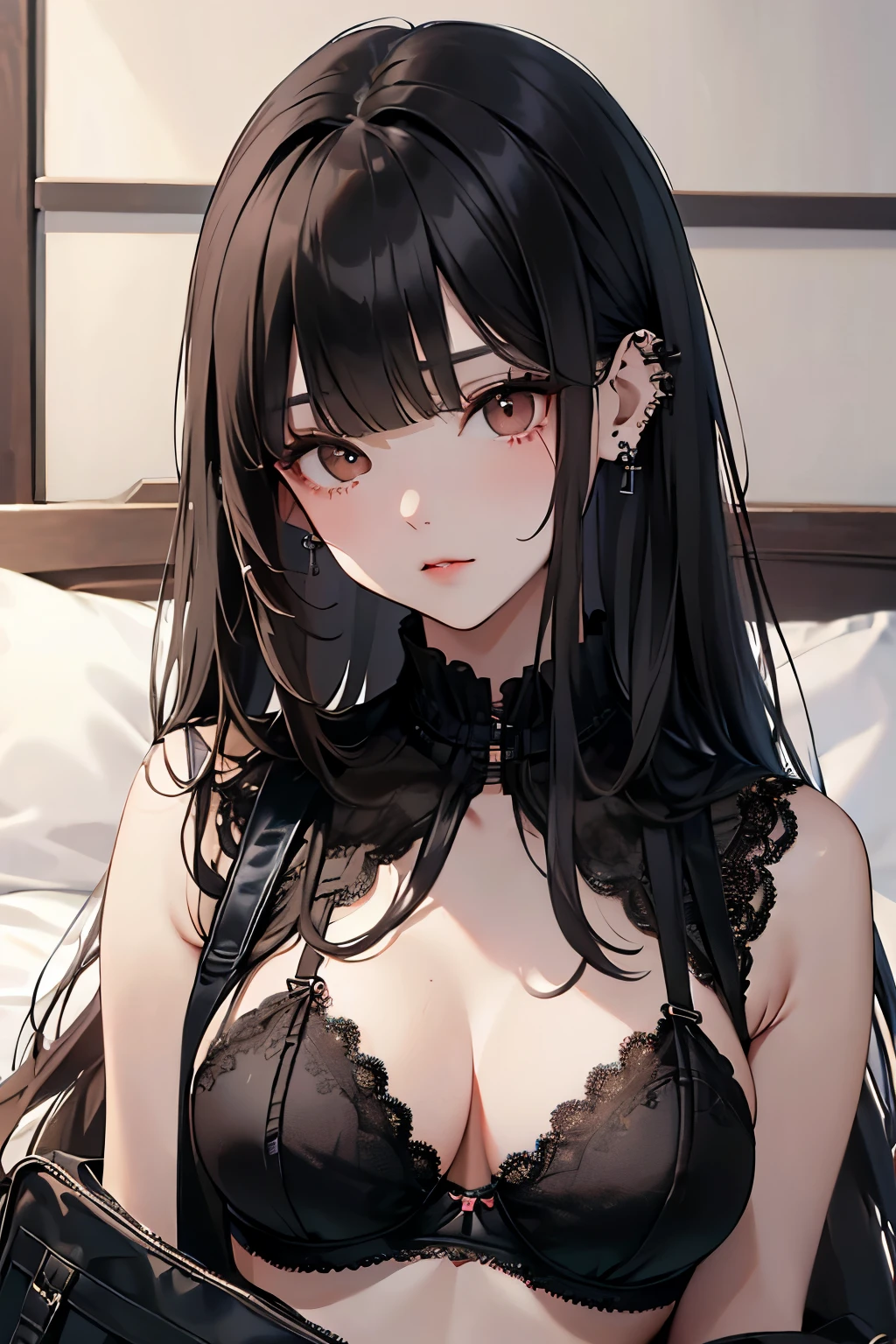 1 photo，Detailed facial details，1 girl，Cat ears，Wearing black latex lace pajamas，Black long hair，Handcuffs，Mouth wrapped with tape，Red lips，Large Breasts，Collar，Radiant Skin，darkroom，Lying in bed