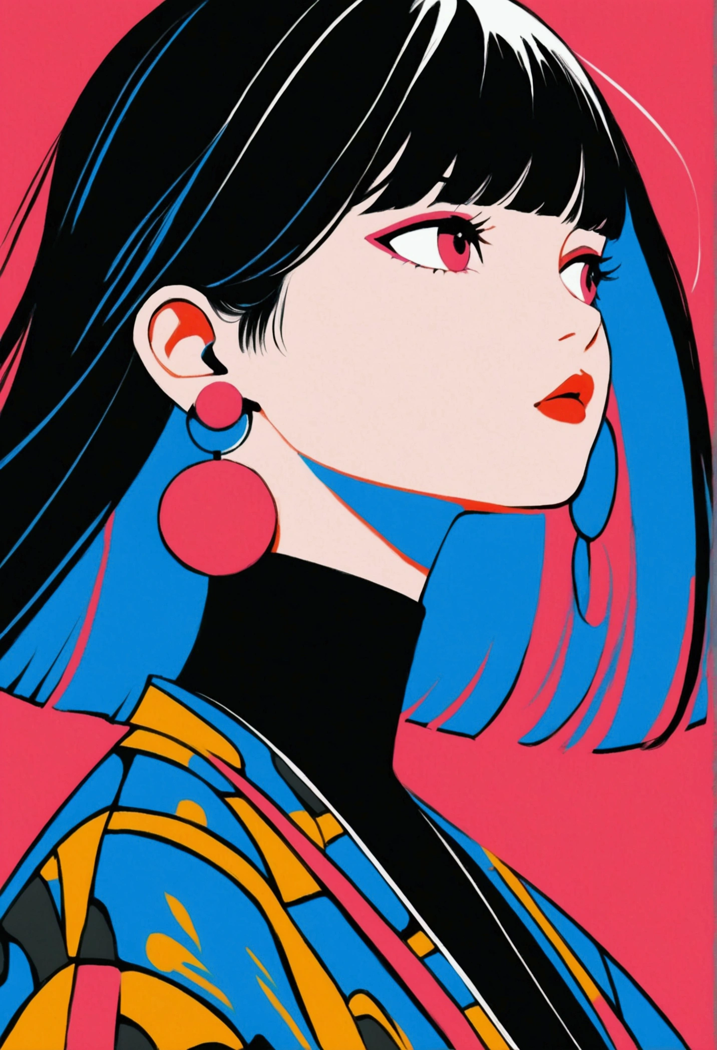 short, straight black hair with bangs, large round white and red earrings, standing with head turned to the side, wearing a black top with a blue collar, looking towards the right, pink background, bold and colorful illustration style, well-defined edges, high contrast colors, bright and lively atmosphere, artistic and modern.