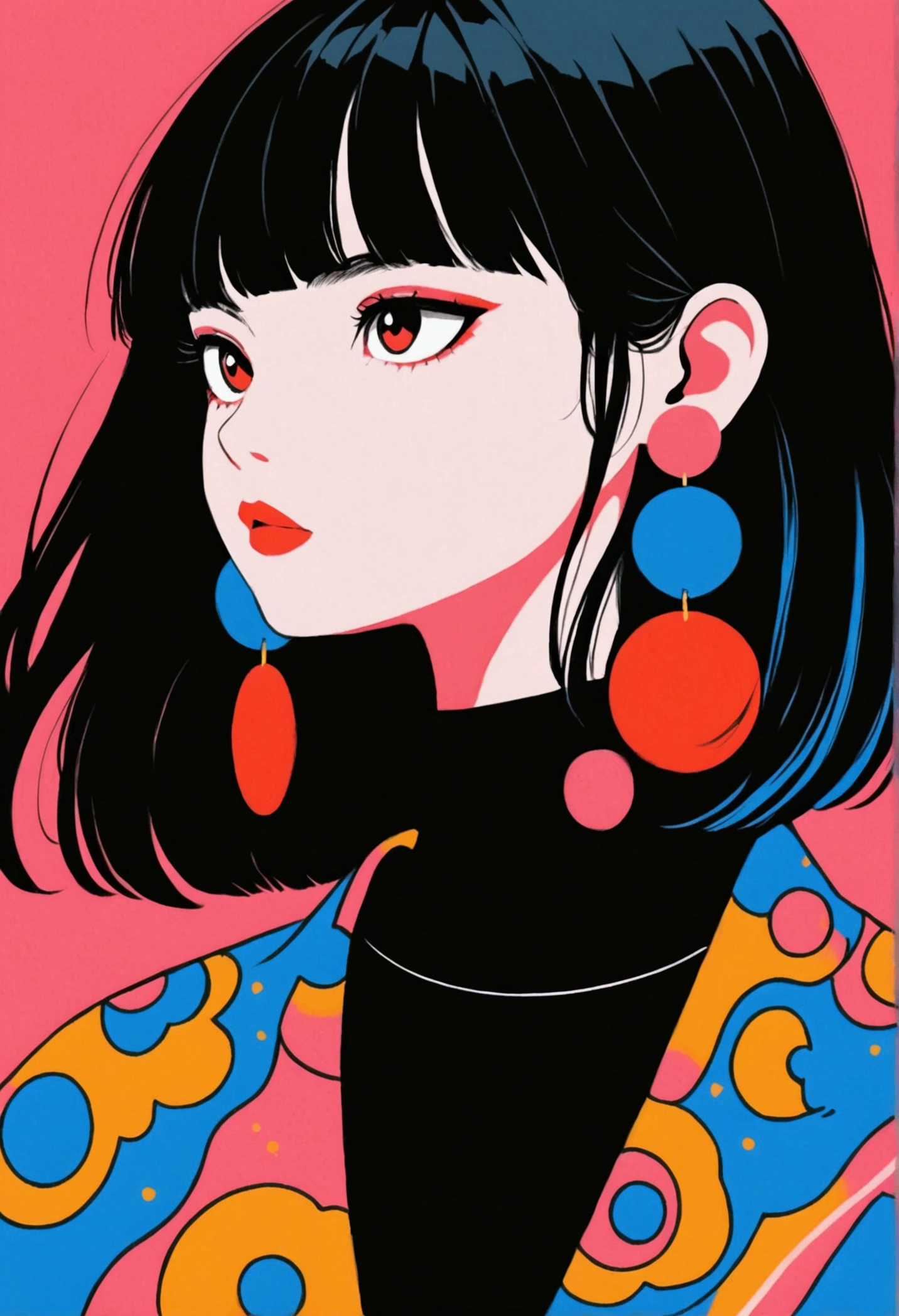 short, straight black hair with bangs, large round white and red earrings, standing with head turned to the side, wearing a black top with a blue collar, looking towards the right, pink background, bold and colorful illustration style, well-defined edges, high contrast colors, bright and lively atmosphere, artistic and modern.