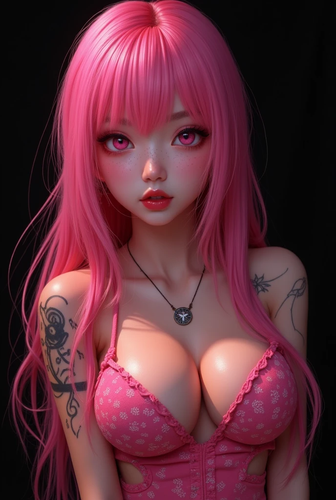 (masterpiece, best quality, photorealistic realistic,) 1 women, blunt bangs, white shirt, blue hair, shiny green eyes, cleavage, thin eyebrows, eyelashes, lace, licking lips, lingerie, lipstick, long hair, looking at viewer, makeup, nose, open mouth, orange background, red lips, single, tongue out, upper body, arm tattoo, blurred background, close up, chest tattoo, depth of field, makeup, motion blur, shoulder tattoo, tattoo, ear piercing, earrings