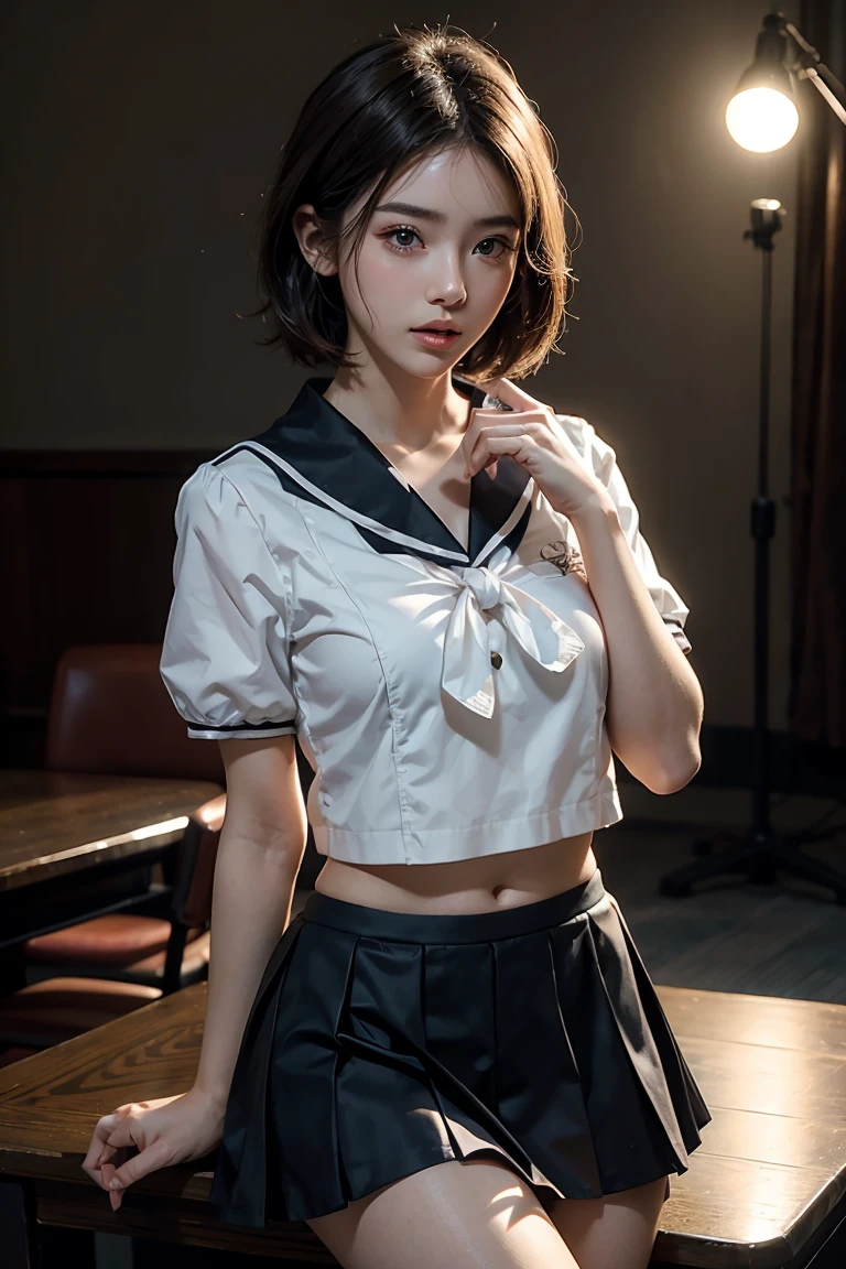 (masterpiece, best quality:1.4), (nebulosa background), (full body shot), (from front), 1girl, solo, (european youth:1sailor saturn, tiara, sailor senshi uniform, purple sailor collar, pleated skirt, elbow gloves, jewelry, brooch, choker, short black hair, (purple eyes:1), beautiful face, highly detailed face, highly detailed eyes, highly detailed skin, skin pores, subsurface scattering, realistic pupils, large breast, hard breast, full face blush, full lips, detailed background, depth of field, volumetric lighting, sharp focus, absurdres, realistic proportions, good anatomy, (realistic, hyperrealistic:1.4), 16k hdr,