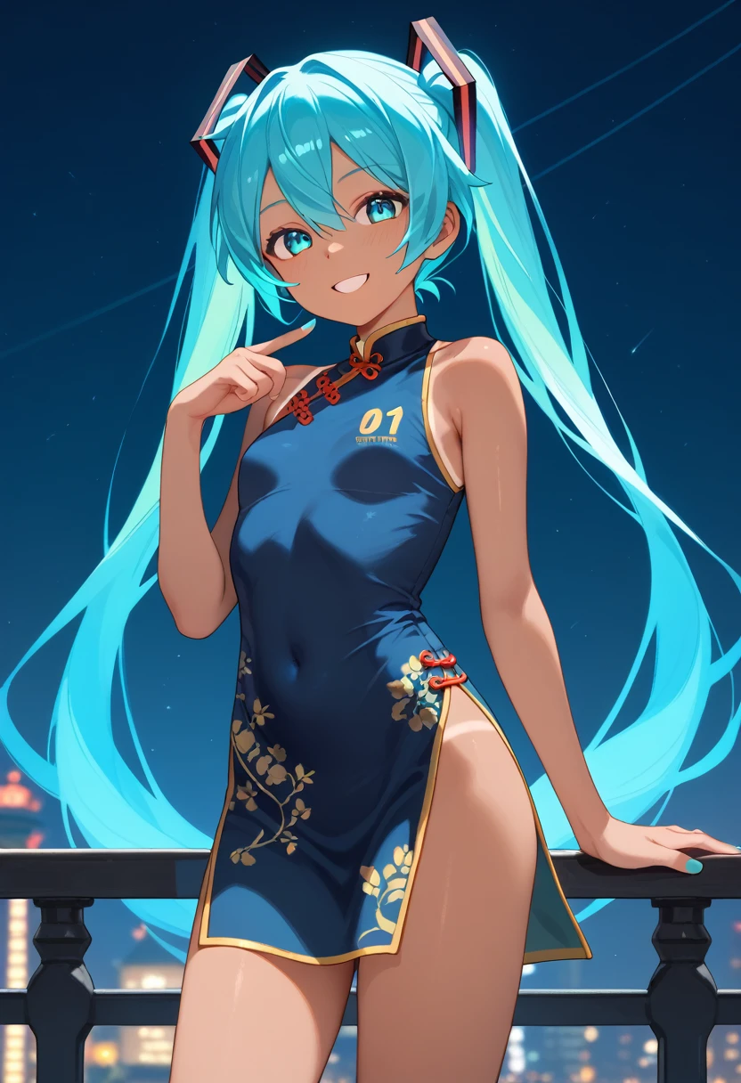 Hatsune Miku、smile、 (nsfw:1.2)、Glowing Hair, , sweat, From the front, blue sky, , Glowing, Holding, Glowing Skin,  Tan Line,(tiny breast:1.3)、(Chinese dress:1.3)