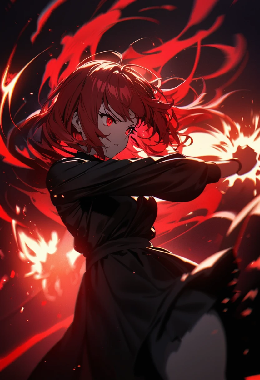 1girl, (short to medium-length red hair:1.3), flowing dramatically, (fierce and confident expression:1.2), wearing all black clothing, (black outfit:1.2), fiery red eyes, manipulating (bright red energy:1.4), energy swirling around her, sharp chaotic red lines, (glowing red aura:1.4), standing in a dynamic pose, arms outstretched, (dark background:1.3), high contrast between character and background, red lighting effects, (dramatic action scene:1.3), red magical particles flying around, dark and intense, high contrast, (masterpiece:1.2), (highly detailed:1.3), (vibrant colors:1.3), (motion effects:1.2),gloss