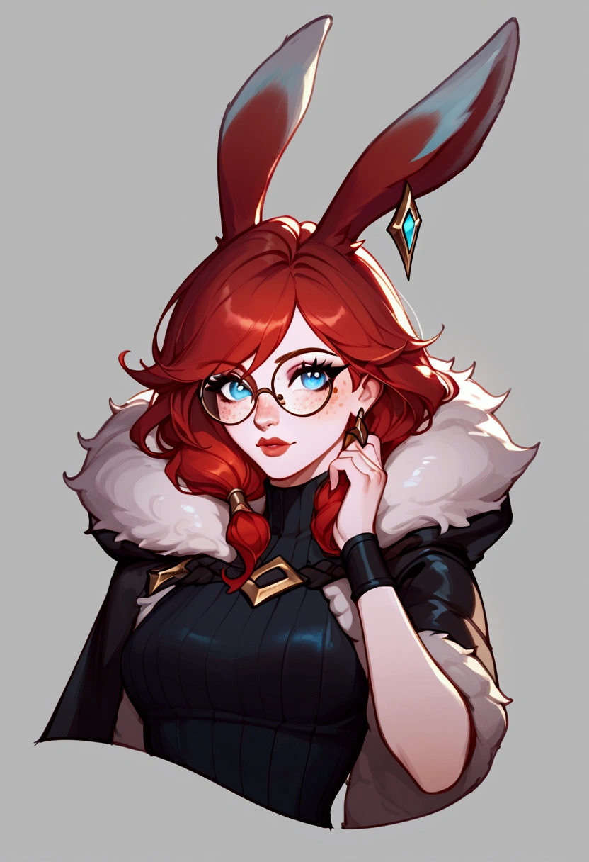 score_9, score_8_up, score_7_up, Aurora (league of legends), 1 girl, blue eyes, red hair, freckles, bunny ears, round glasses, sexy, full body, squinty eyes, earrings, long eyelashes, sexy, pretty face, very short black leather dress with low cut,