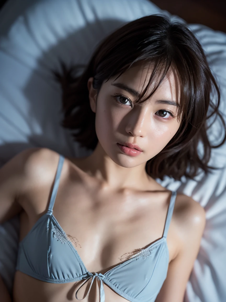 (masterpiece),(Highest quality:1.2),(Very detailed:1.2),(High resolution),(Photorealistic Stick),(RAW Photos),8K,Backlight,(Written boundary depth),(Sophisticated lighting:1.1), (Improving the lighting quality of movies:0.9),Dressed Woman,Soft portrait photography,Beautiful Japanese Woman,Gorgeous face portrait,(Eye light,Sharp pupils,Detailed eye drawing,)Very beautiful face,(Detailed skin texture:1.3),(Beautiful portrait:1.2),A lovely and delicate face,Beautiful young Japanese woman,Short Bob,Look here,Bird's eye view,(pov shot),(sleepy),Face close-up, T-Shirts,((Bedhead)),(lying on bed)
