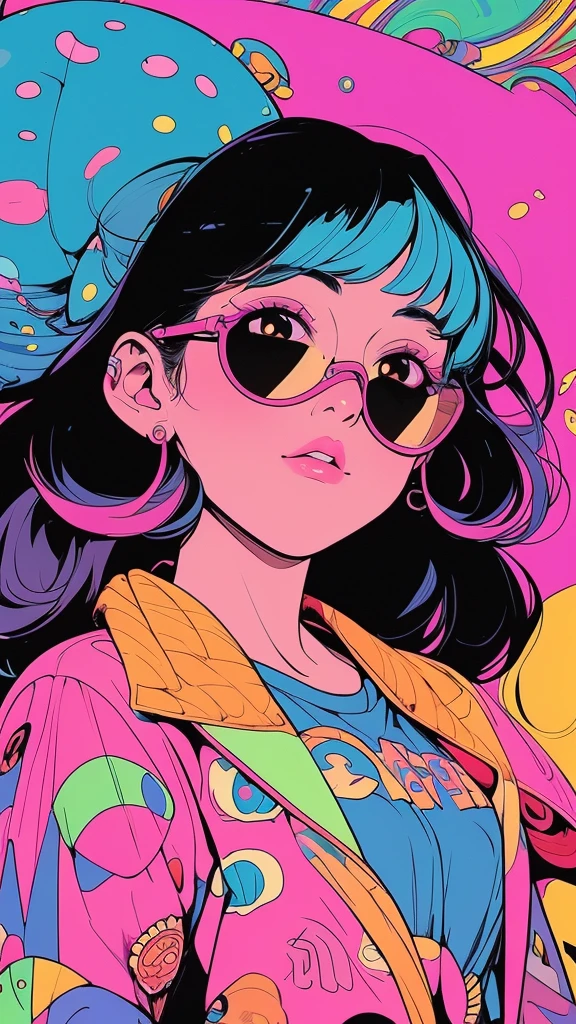 girl with short black hair, wearing sunglasses, in loose hippie style clothes, trippy mushroom landscape, 90s retro poster style, 90s illustration style, vivid colors, psychedelic, surreal, detailed, high quality, 90s illustration, 90s cartoon, 90s cartoon network, 90s animation