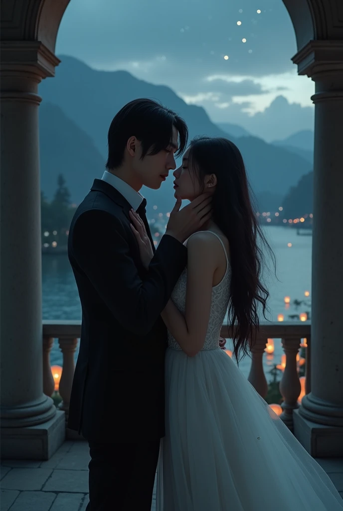 Intimate and high-quality photos of (Couple:1.2), Sit On (Bench:1.1), (Enchanting Light:1.1), sexy, passionate, exquisitely detailed, (sweat:1.1) with (glittering droplets:1.1), castle backgrounds, Sony Alpha 7R IV Camera, Digital Photo, f/2.8 lens, black-red, , Too many realistic textures, trends on social media, night light