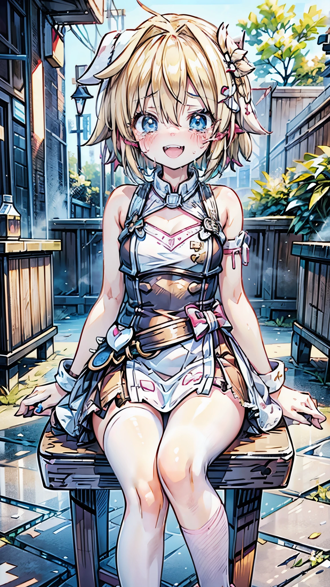 High resolution, 1 girl, smile, Blushing, Open mouth, Blue eyes, Mouth open, tongue, canine teeth, tongue out, backlit, Best quality, Anatomically correct, chest, smile, dribbling, drunk, Thick line, Anime, Bangs between the eyes, White lace dress,Mini skirt,A very petite woman,Sitting on the floor, gold blonde hair, very tiny girls, short hair, nightmare, crying, crazy laugh ,Sit with your legs apart, Bob hairstyle,see through,The eyes are heart shaped, only skirt 