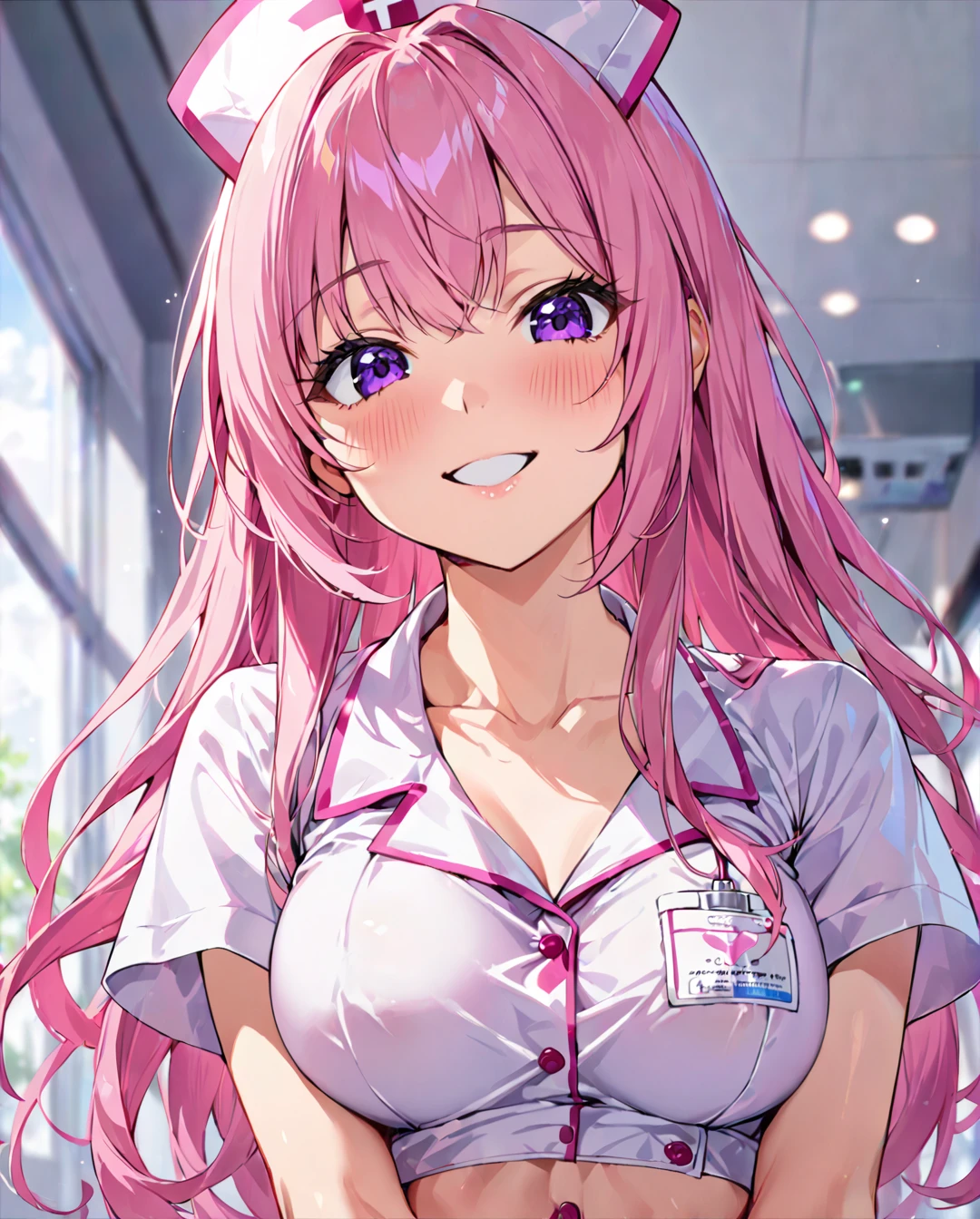 hospitals,Examination room,Kneeling on a hospital bed,Fluffy light brown and pink mixed hair,Sexy white nurse outfit with disheveled breasts,Underwear with plenty of lace,Breathe upwards,Smokexxx,Raise your eyes and bring your face closer,Kissing face,Smile on his face,Face full of pleasure,ecstacy,SEX,Shy face,red tide,Play Doctor,injection,White liquid overflowing from the crotch,AHE Face,Happy,You can see a large valley,Sweating,
